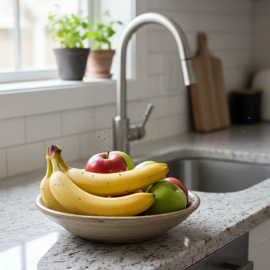 Small fruit flies around a bowl of ripe fruit on a kitchen counter
