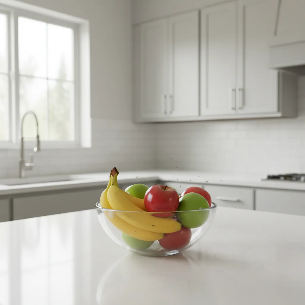 Small fruit flies hovering near a fruit bowl on a kitchen counter