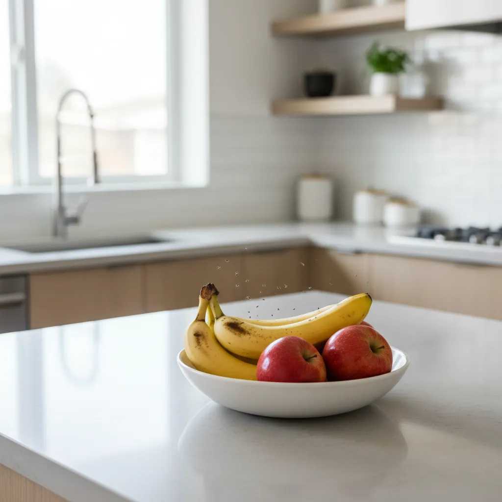 Small fruit flies hovering around ripe fruit on a kitchen counter