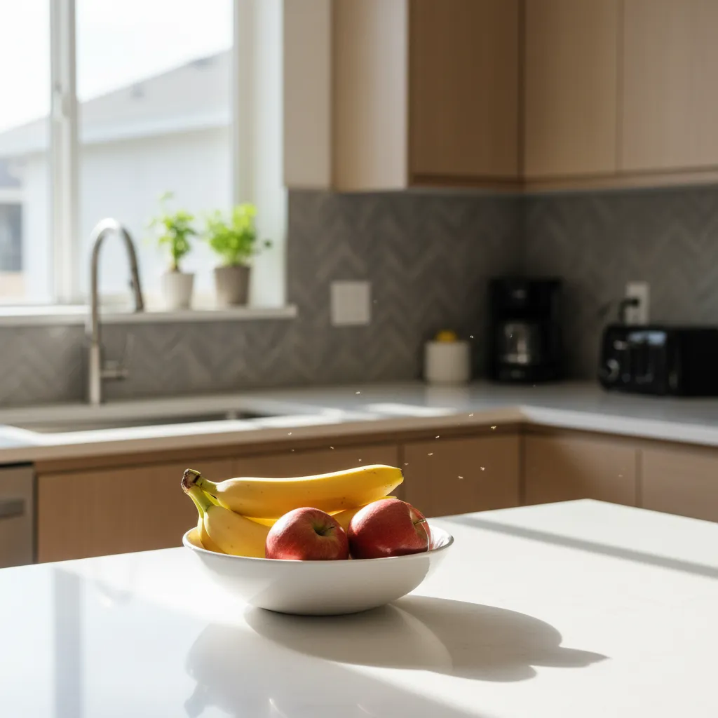 Fruit bowl on kitchen counter attracting small fruit flies