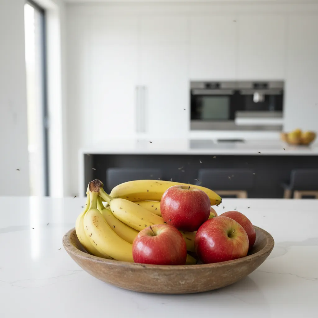 fruit flies around a bowl of ripe fruit on a kitchen counter