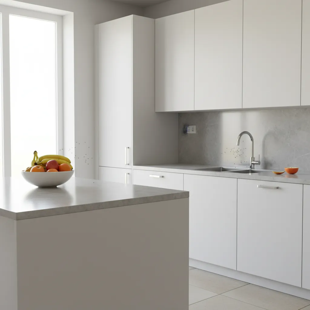 small fruit flies hovering near kitchen sink and fruit bowl