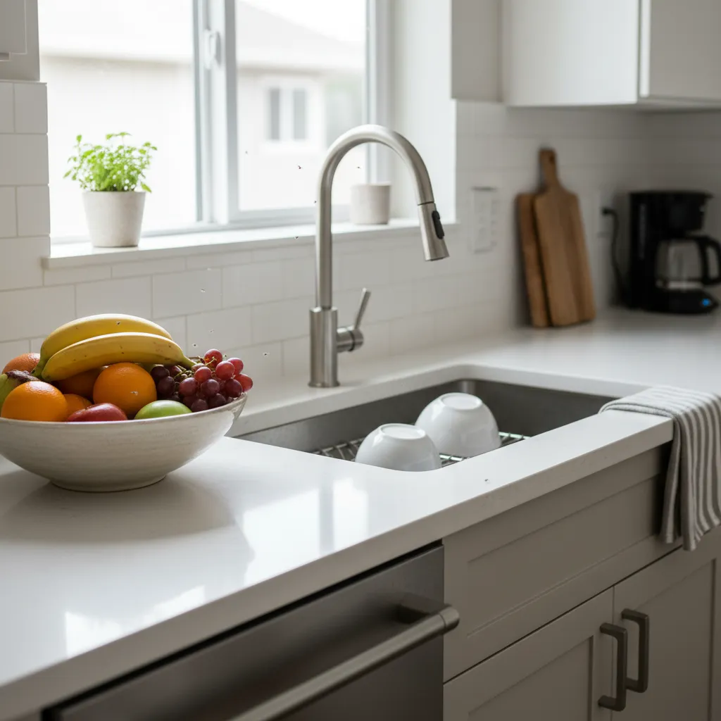 Kitchen sink area with fruit bowl showing small flies hovering around bananas oranges and grapes