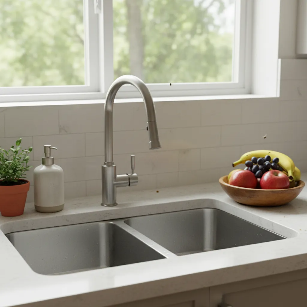 Small fruit flies hovering around a kitchen sink and fruit bowl