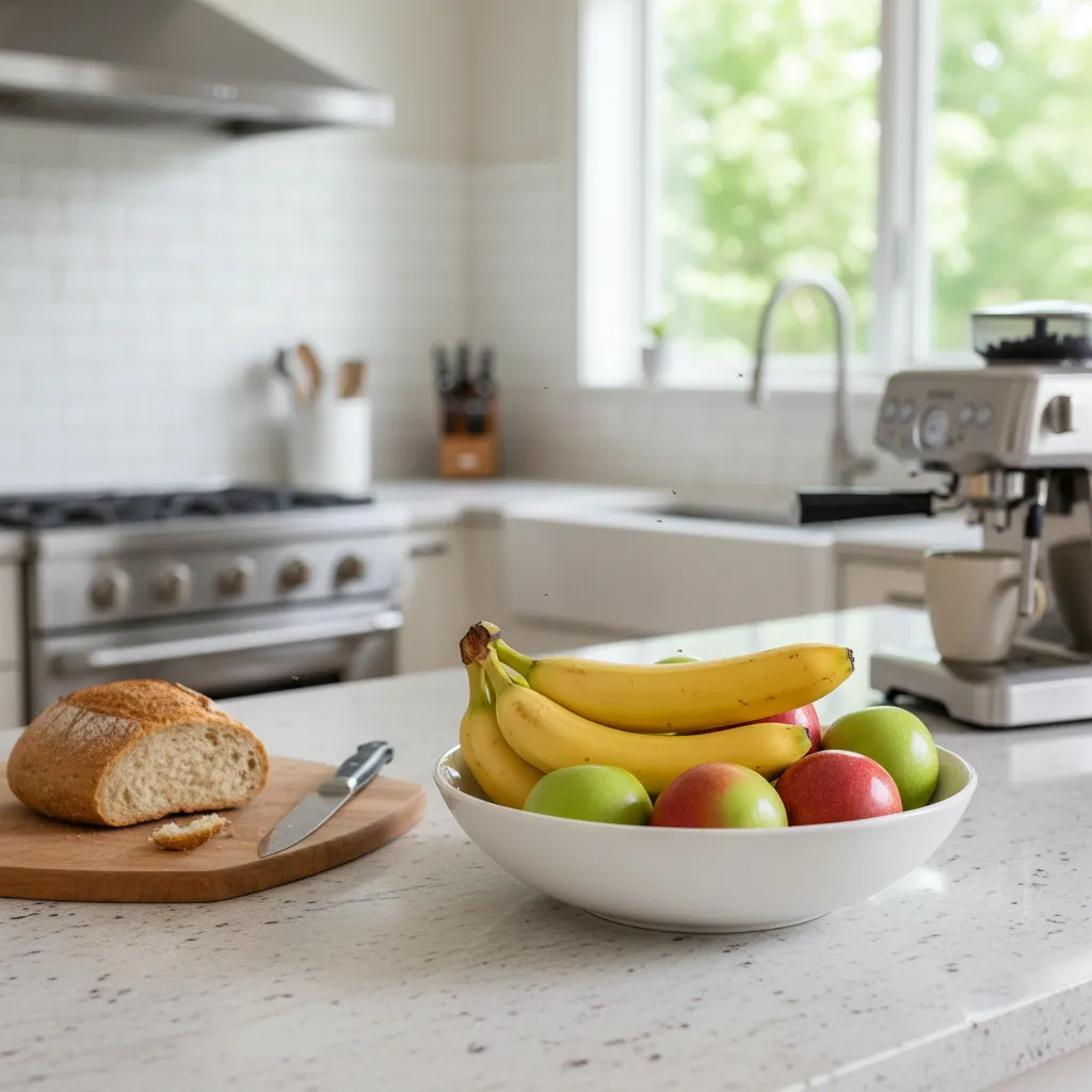 small fruit flies around ripe fruit on kitchen countertop