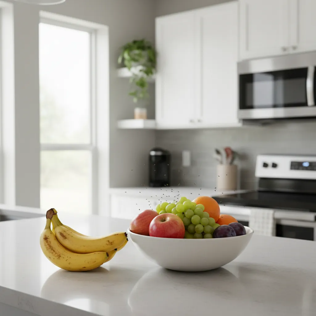 Fruit flies hovering around ripe bananas on a kitchen countertop