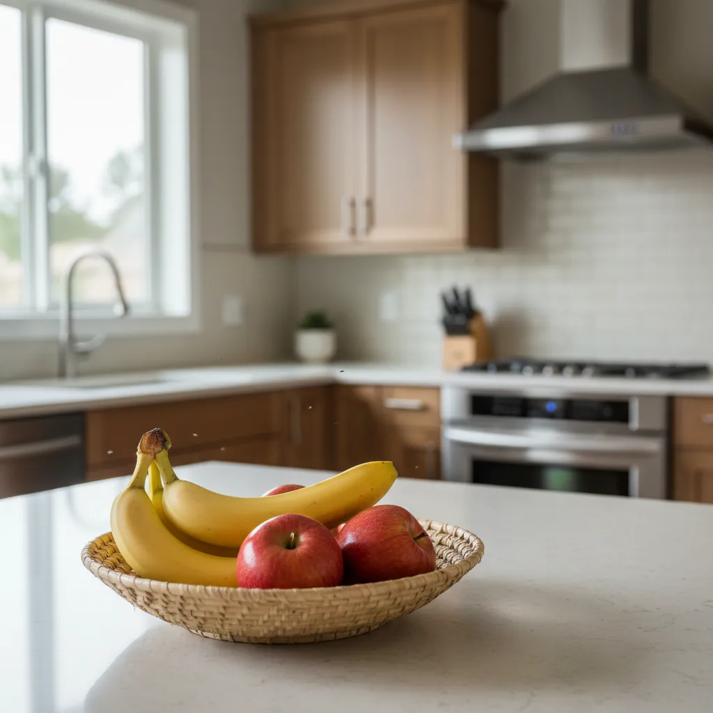 Fruit flies flying around yellow bananas and red apples in a basket on white kitchen counter