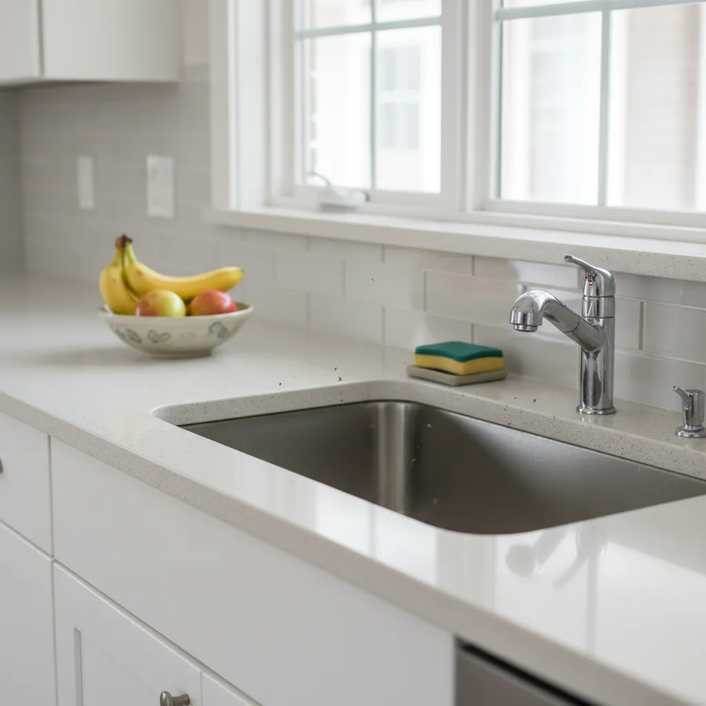 White kitchen countertop with stainless steel sink silver faucet bowl of fruit and small flies