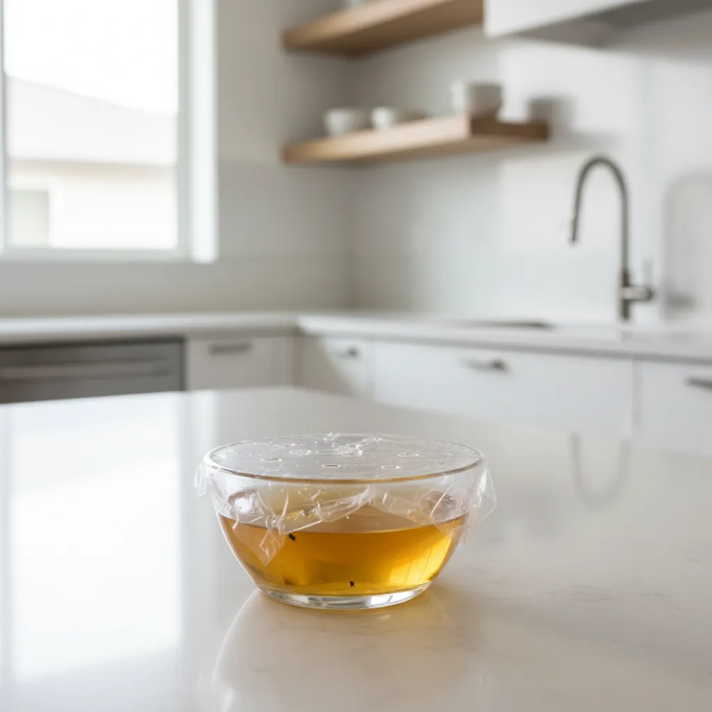 apple cider vinegar trap on kitchen counter catching fruit flies