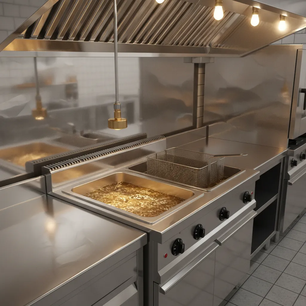 Close view of fire suppression nozzle aimed at commercial deep fryer