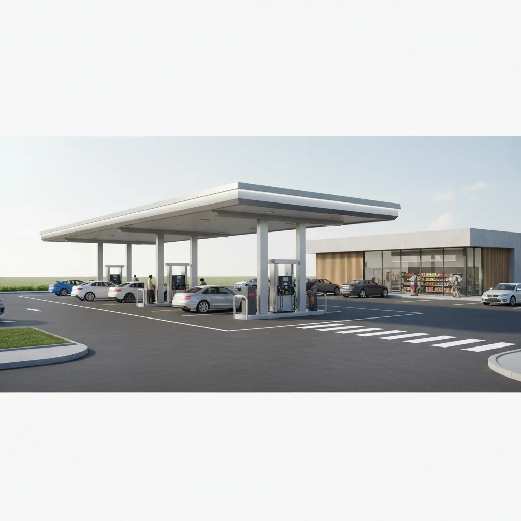 Modern gas station forecourt with multiple fuel pumps and canopy layout