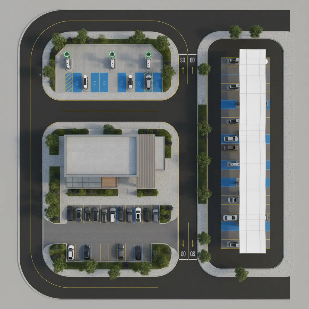 Modern fuel station layout plan including EV charging and fueling zones