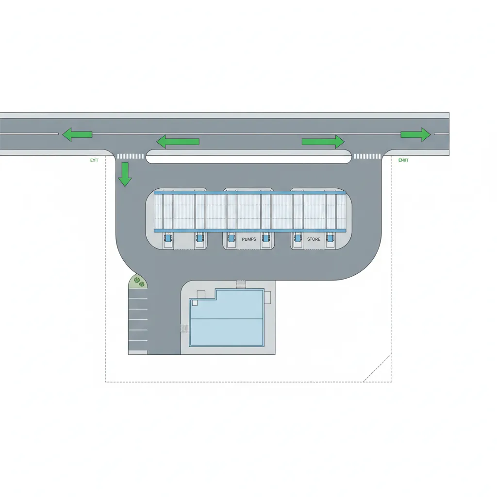 Fuel station layout diagram showing entry exit and vehicle circulation