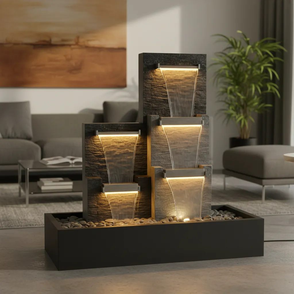 Fuente interior con iluminación LED cálida resaltando el flujo del agua