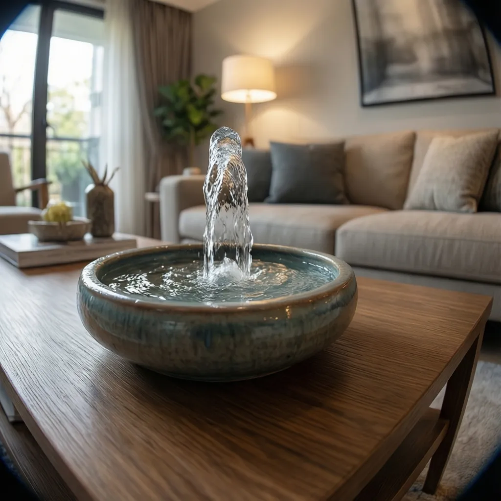 Pequeña fuente de agua decorativa sobre una mesa en el salón