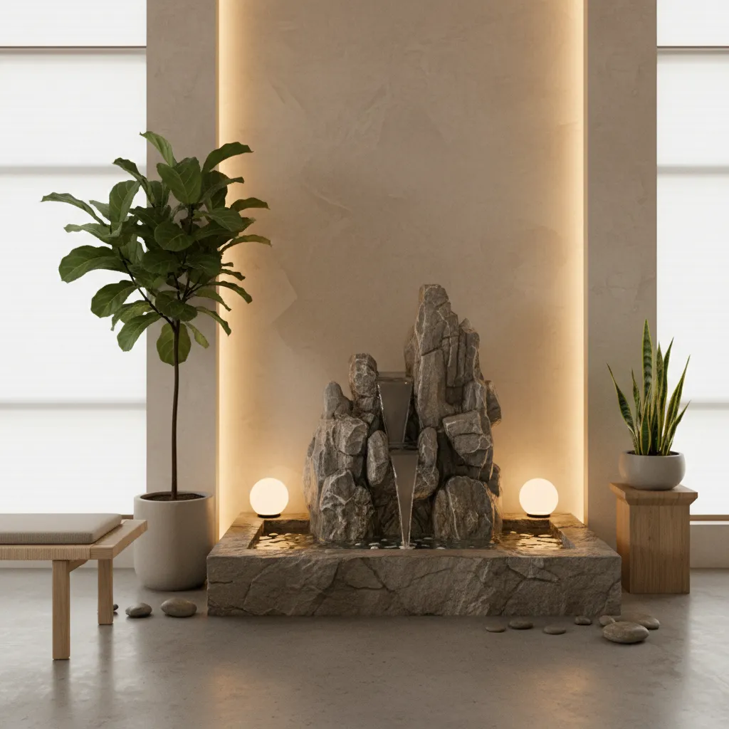 Fuente interior de piedra con flujo de agua relajante