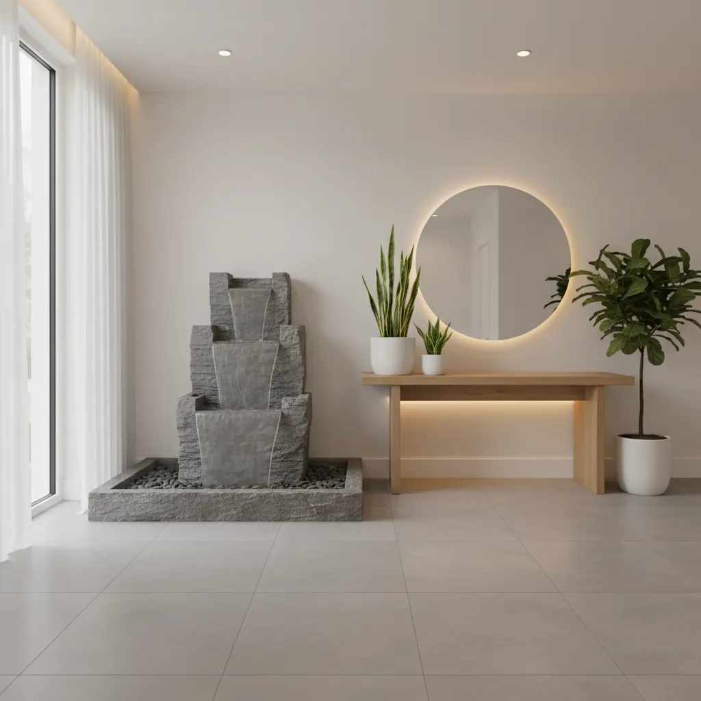 Fuente de agua decorativa colocada en un recibidor moderno