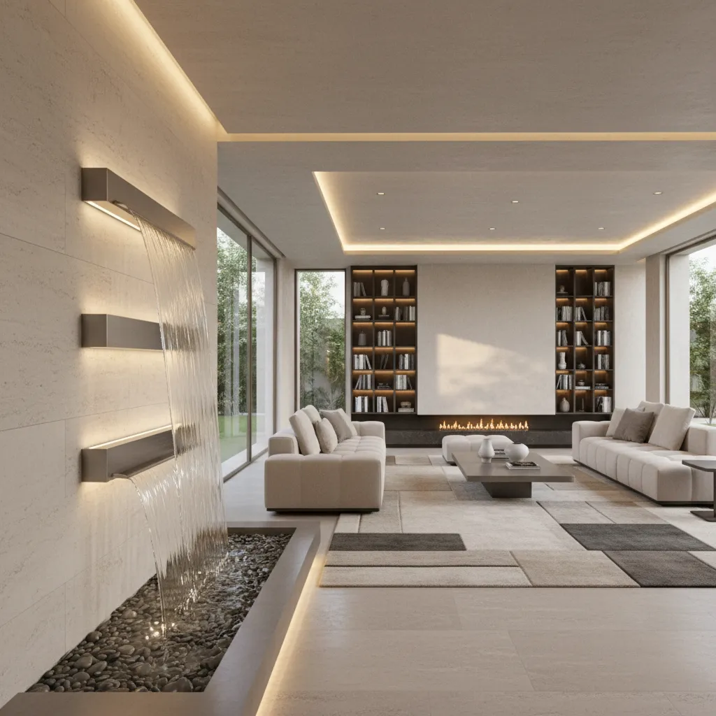 Fuente de agua decorativa integrada en un diseño de salón contemporáneo