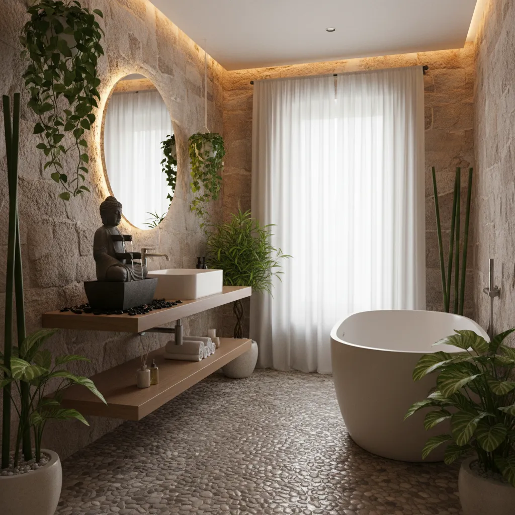 Fuente de Buda decorativa en un baño estilo spa