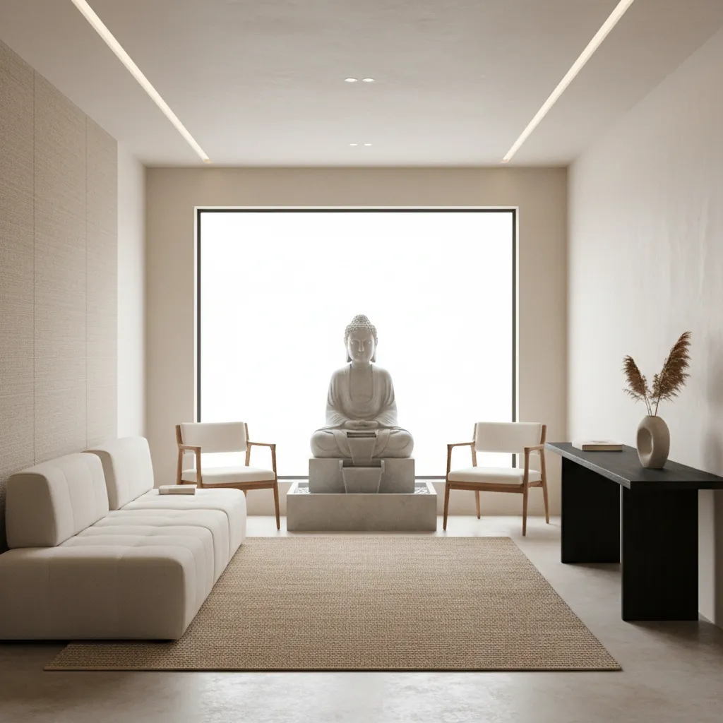 Minimalist living room with white sofa two chairs black table and a stone Buddha fountain