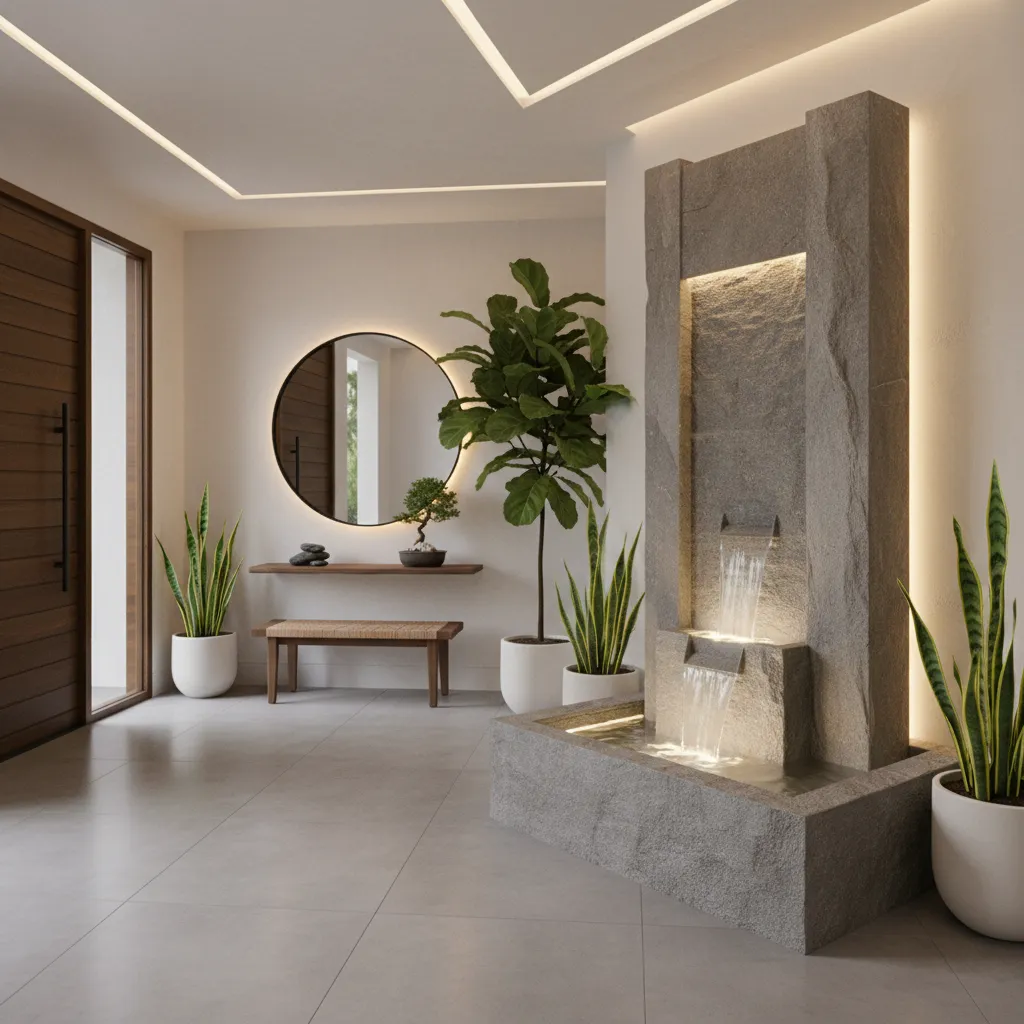Fuente de Buda decorativa ubicada en la entrada de una vivienda
