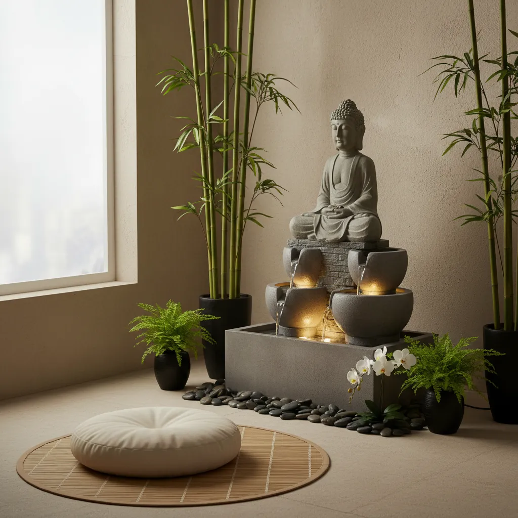 Indoor buddha statue water fountain with warm lights bamboo plants and round floor seating cushion
