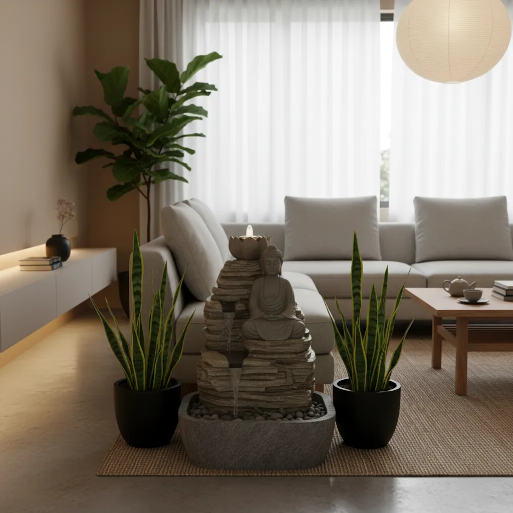 Modern living room with grey sofa stone buddha water fountain and green potted snake plants