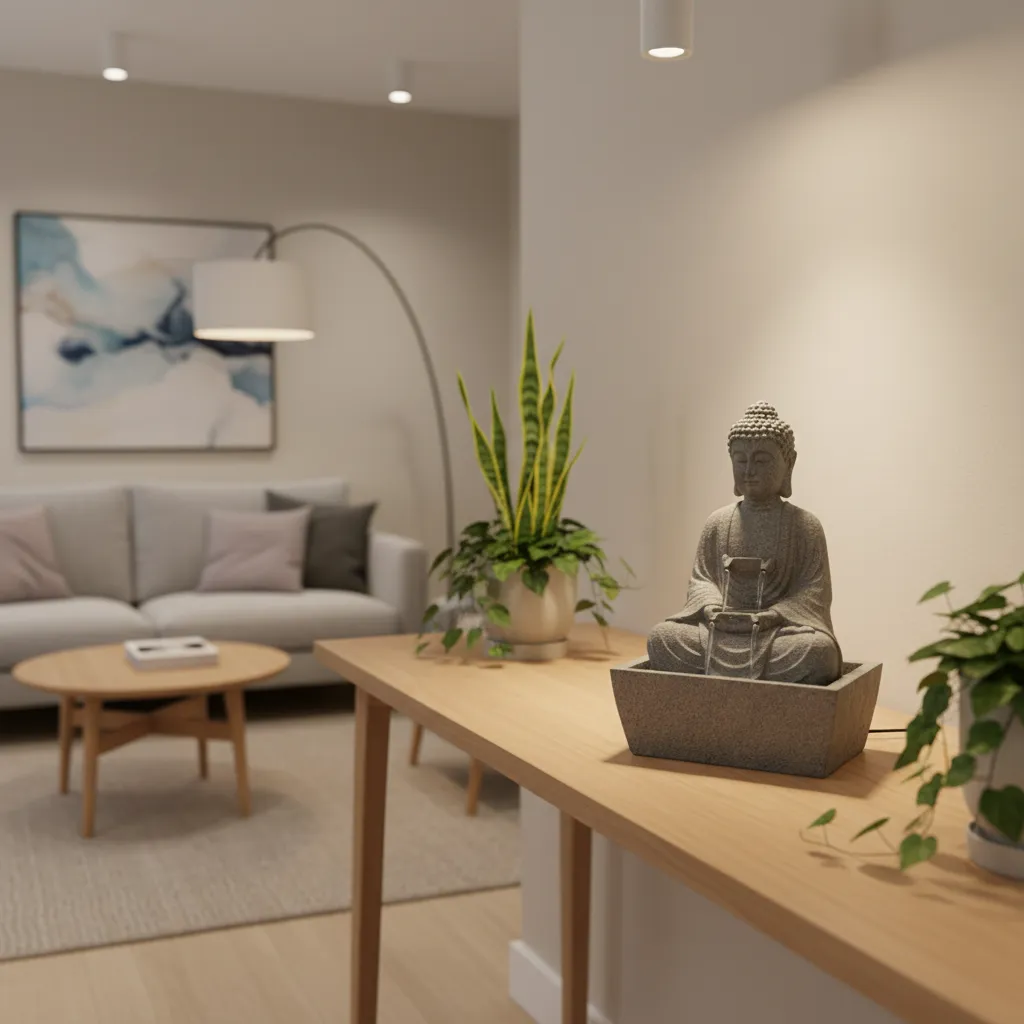 Fuente pequeña de Buda sobre un mueble en un salón moderno