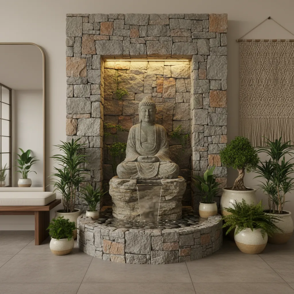 Fuente decorativa de Buda fabricada en piedra con iluminación cálida