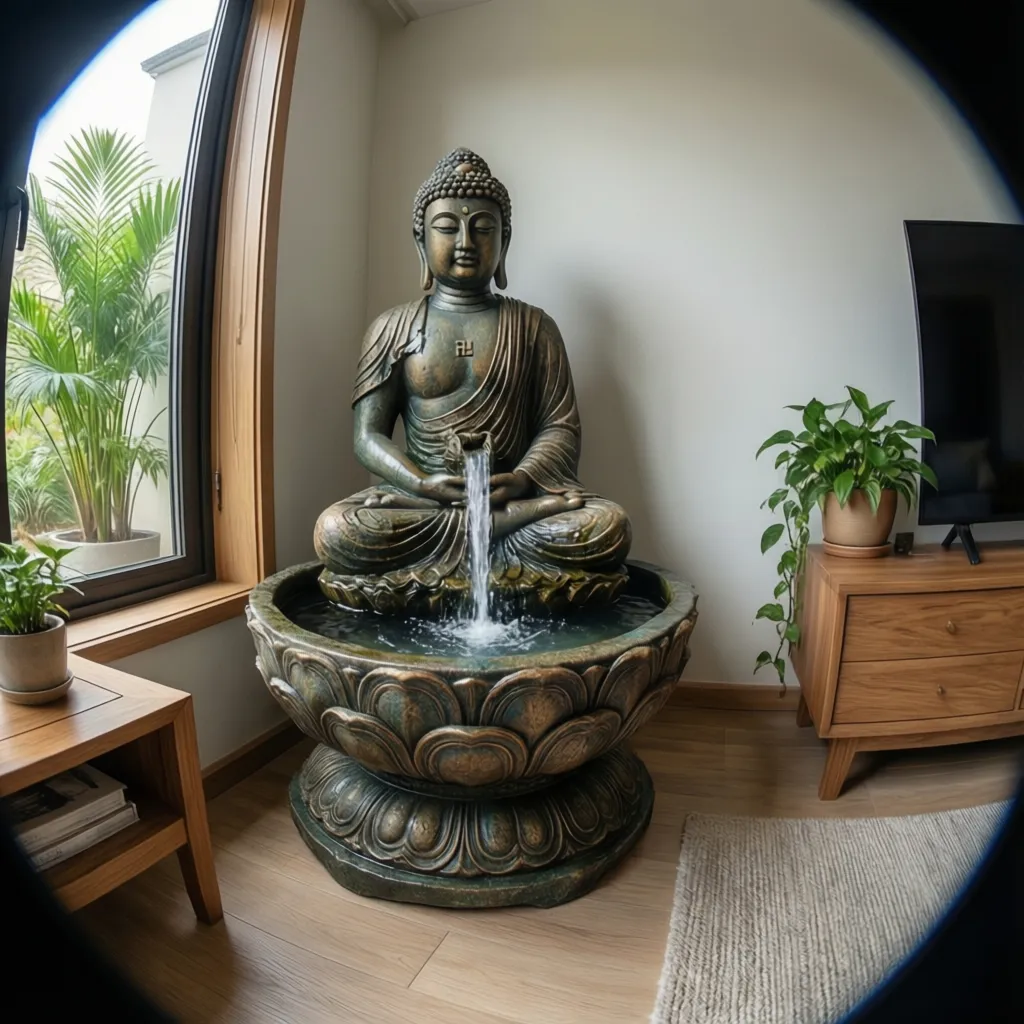 Large Buddha water fountain on wooden floor next to window and a wooden television cabinet