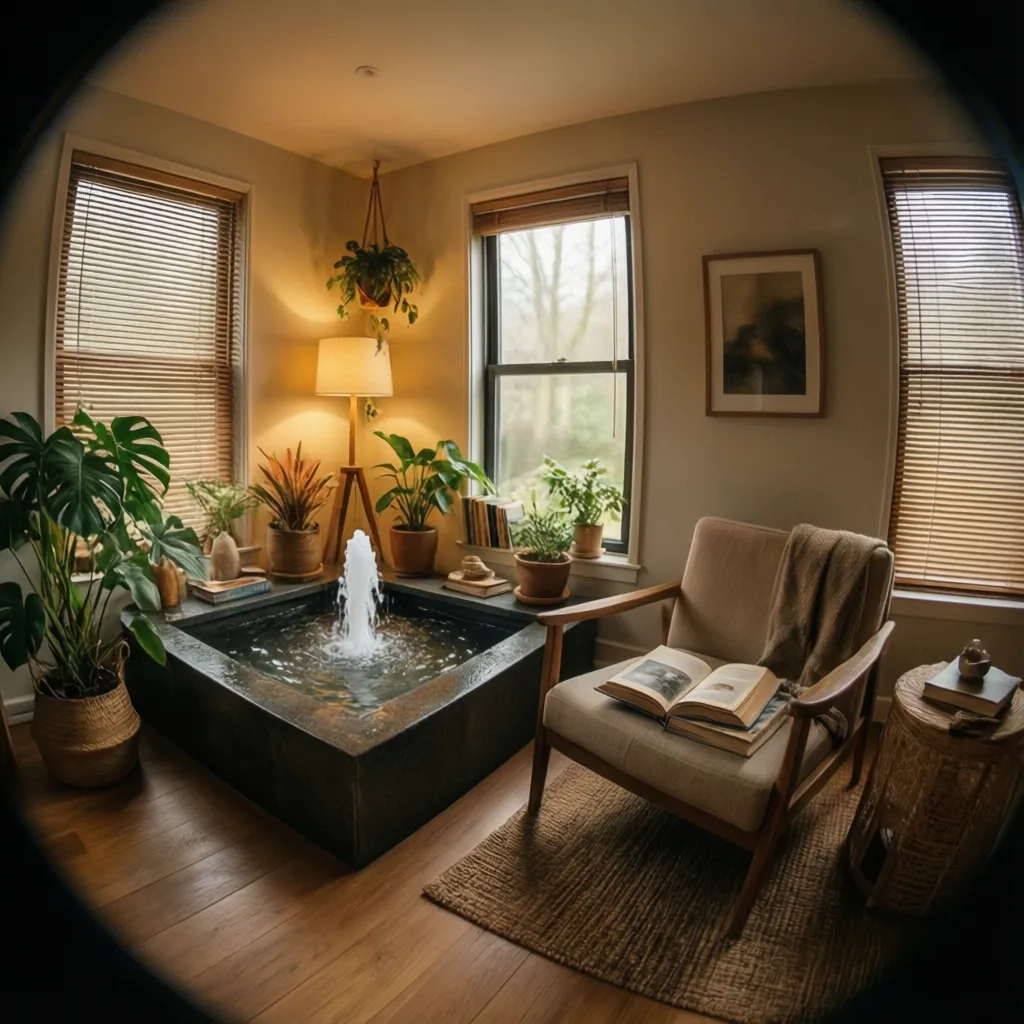 Pequeña fuente decorativa de agua ubicada en un rincón del salón junto a un sillón