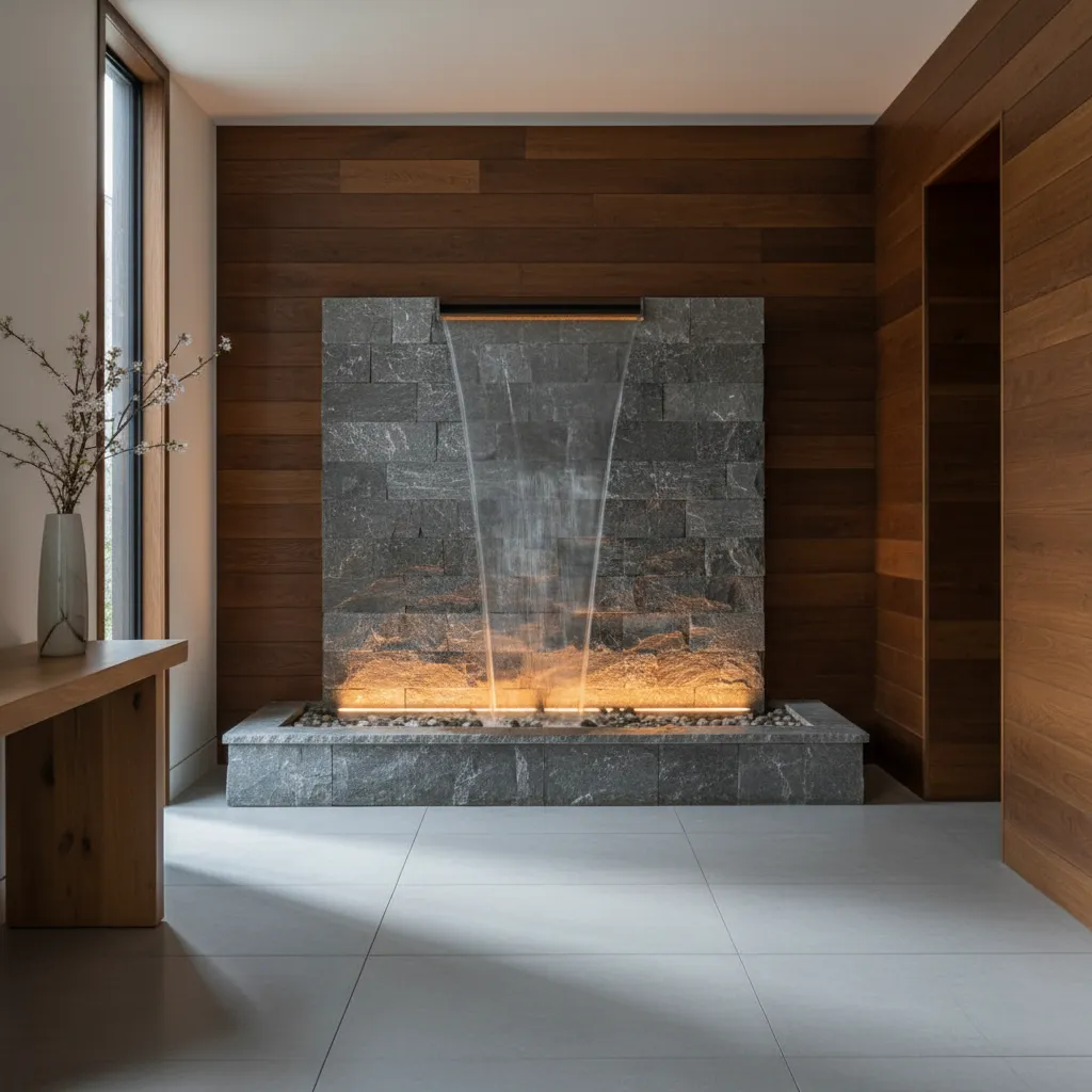 Fuente decorativa iluminada en el recibidor de una casa moderna