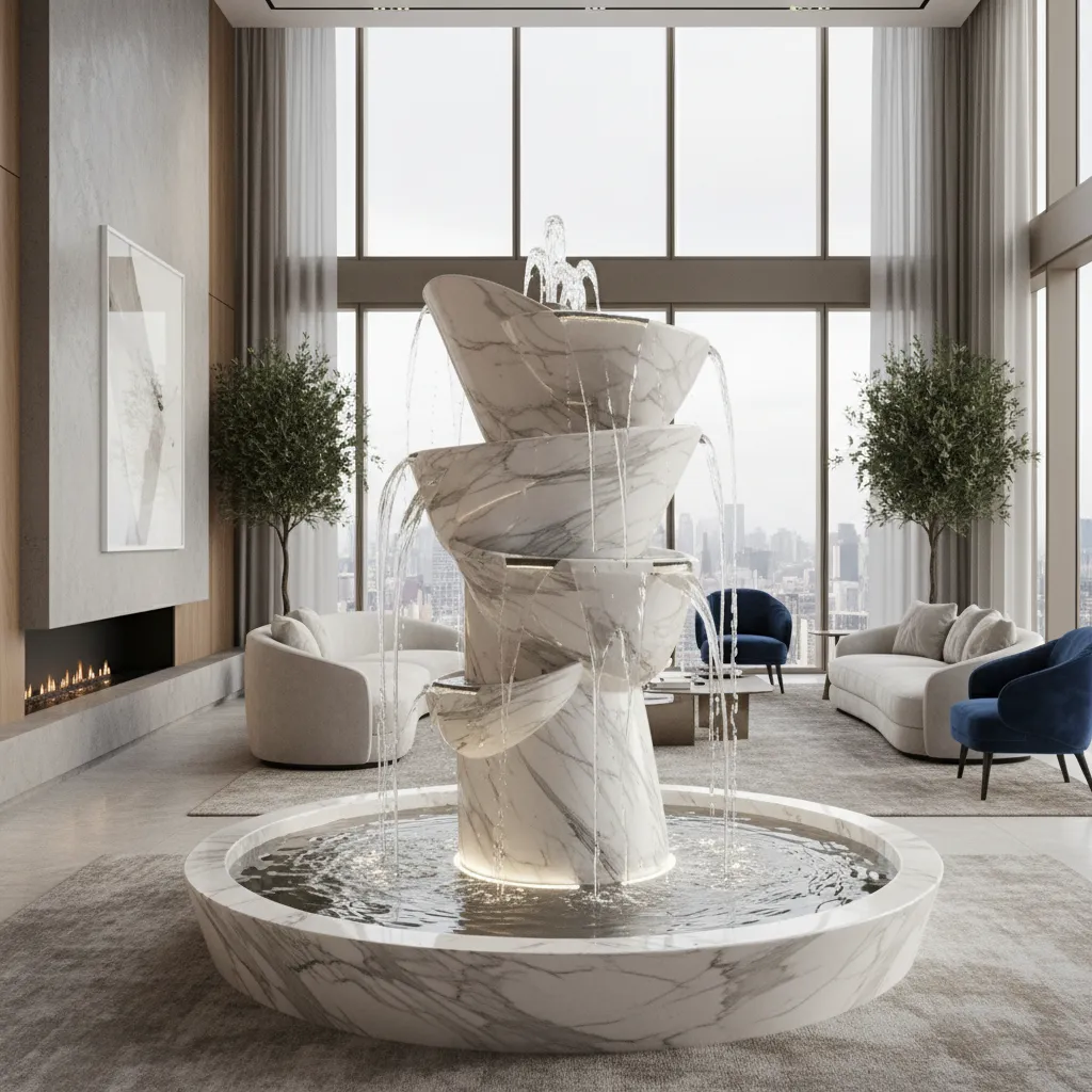 Modern living room featuring marble water fountain white sofas blue chairs and large city windows