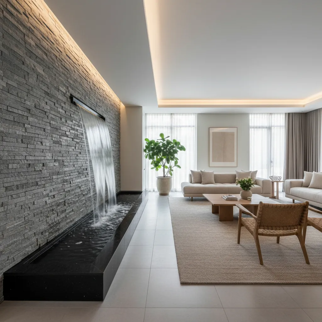 Modern living room featuring stone wall with indoor waterfall beige sofa green plant and windows