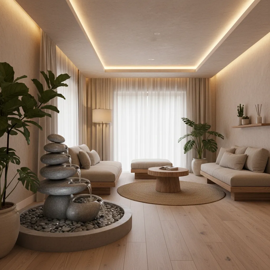 Zen style living room with stone water fountain, beige sofas, wooden table, and warm light