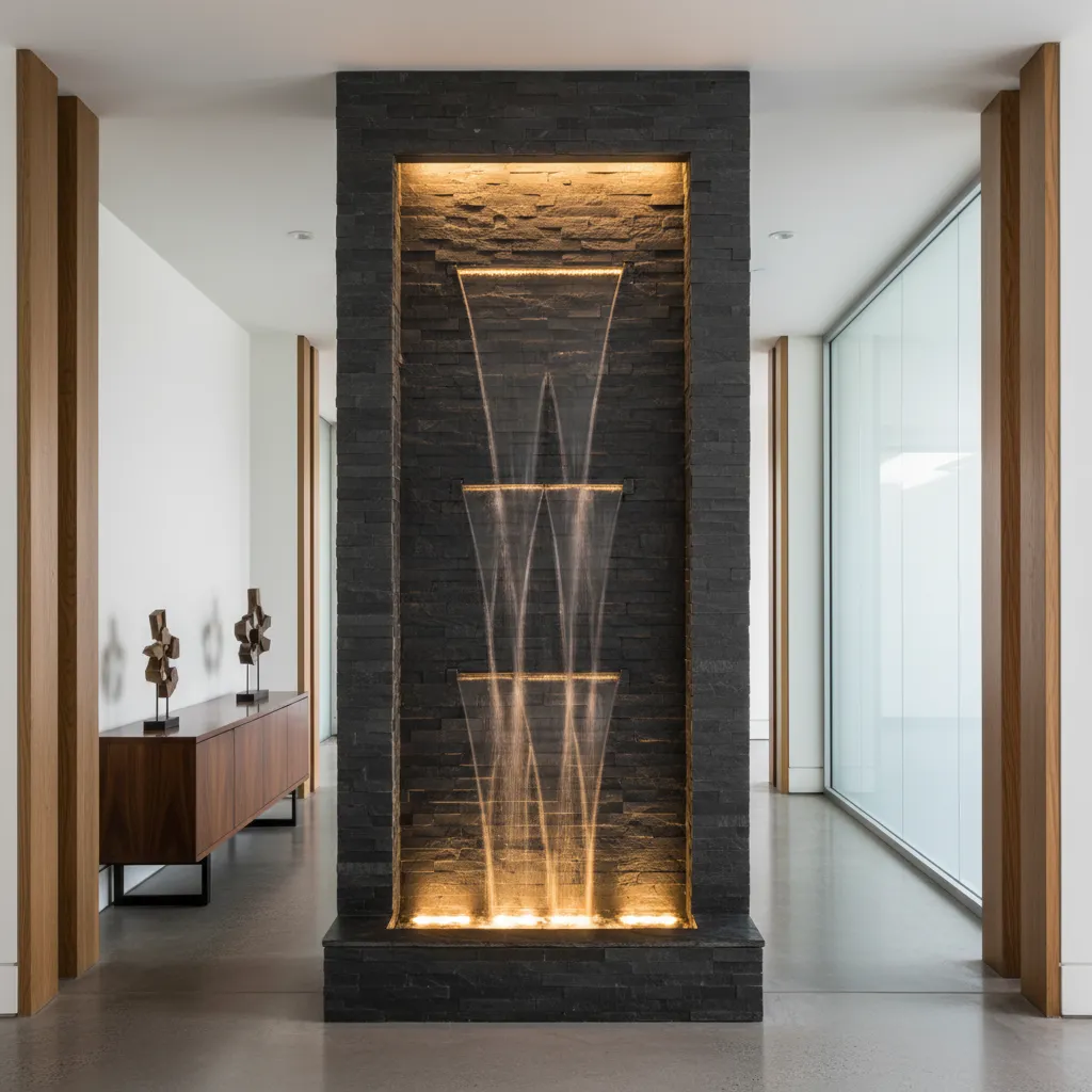 Fuente de pared con iluminación LED suave en un interior contemporáneo