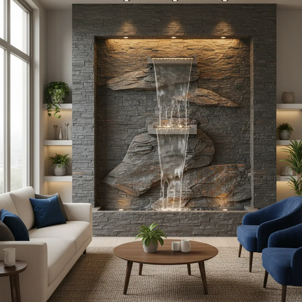 Fuente interior con cascada sobre piedra natural