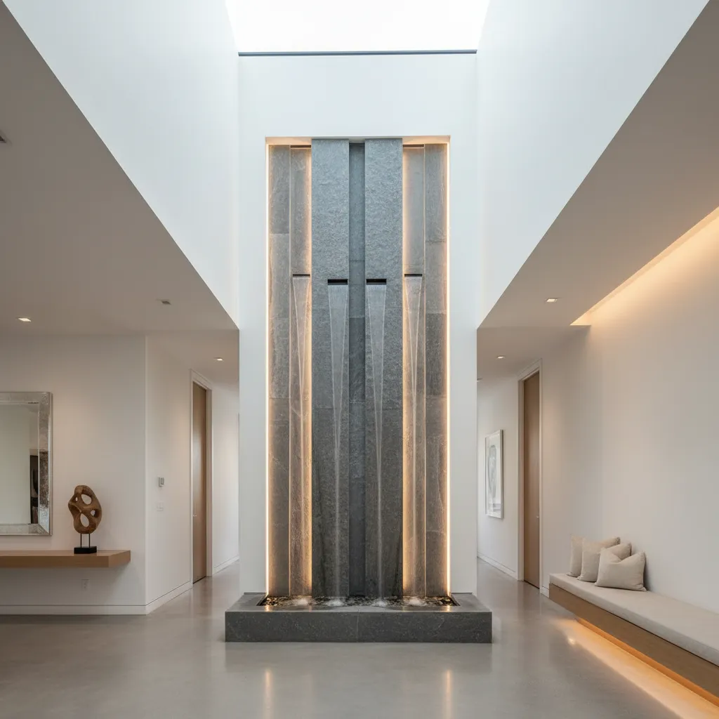Modern tall indoor water feature in a white hallway with a wooden bench and pillows