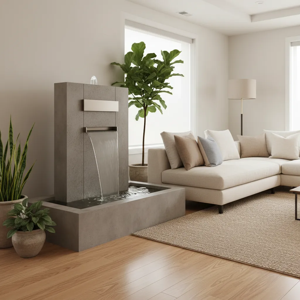 Modern living room with a stone water fountain beige sofa green plants and wooden floors