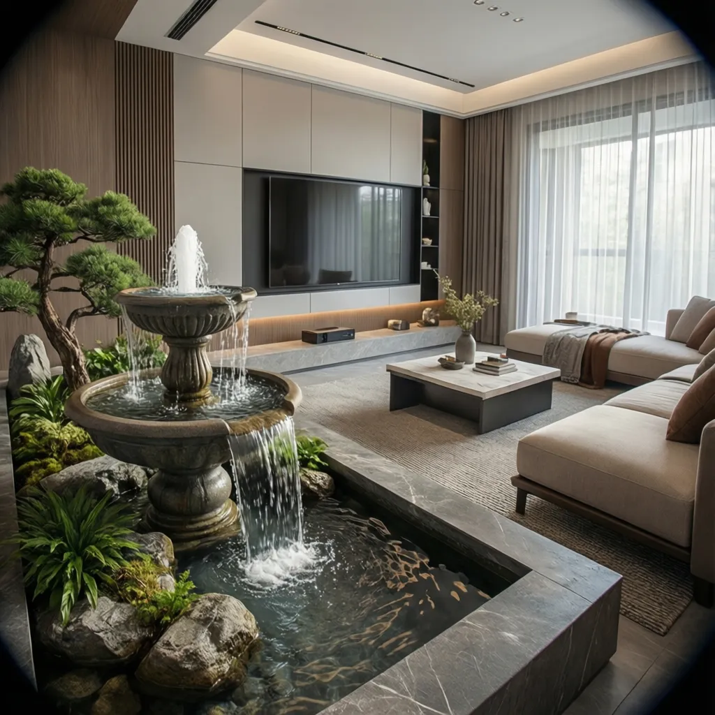 Fuente de agua decorativa en un salón contemporáneo
