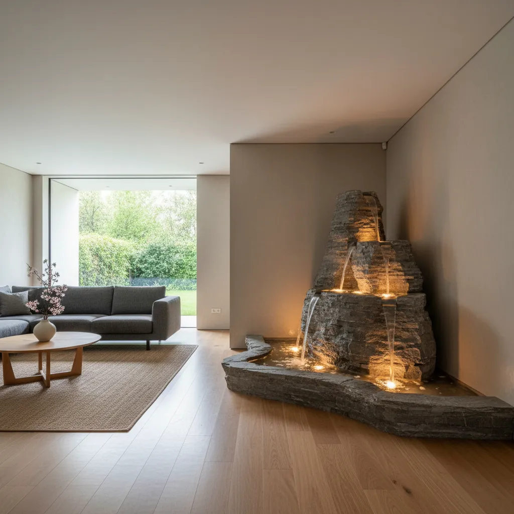 Fuente decorativa con luz LED colocada en un salón moderno