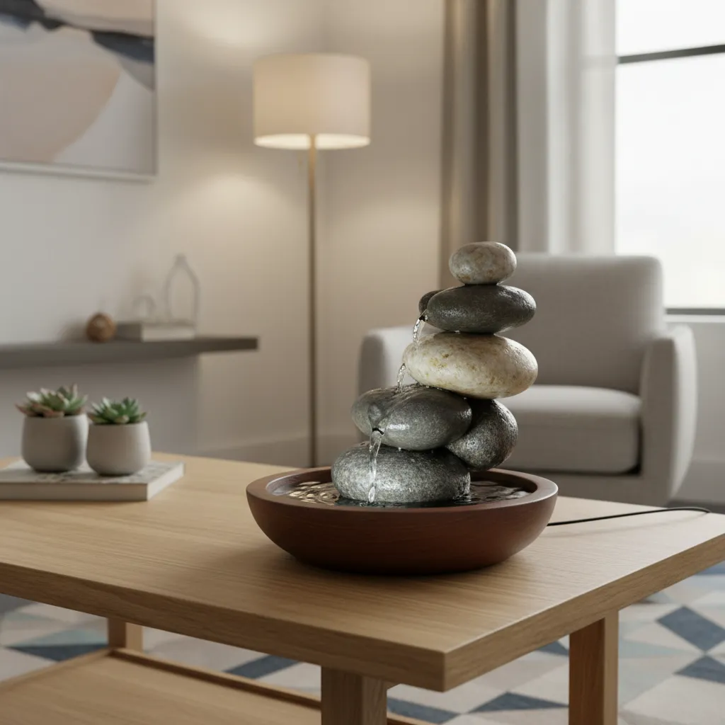 Pequeña fuente decorativa de mesa con piedras y agua