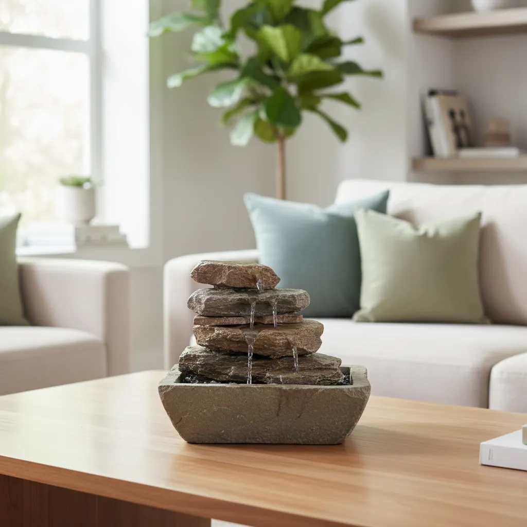 Small stone water fountain on wooden table with sofa and green plant in a room