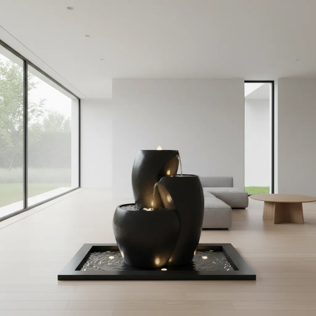 Fuente minimalista con iluminación LED integrada en un interior moderno