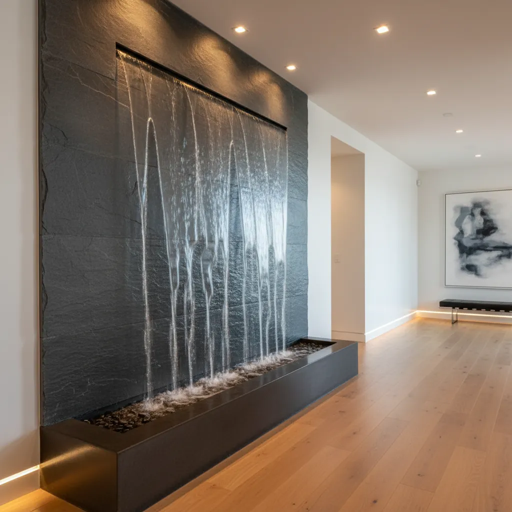 Indoor wall fountain with water flowing down black stone in a hallway with wooden floors