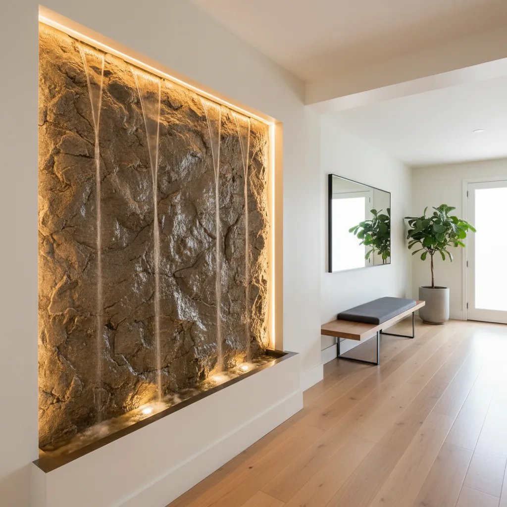Indoor stone wall water fountain in hallway next to wooden bench and green potted plant