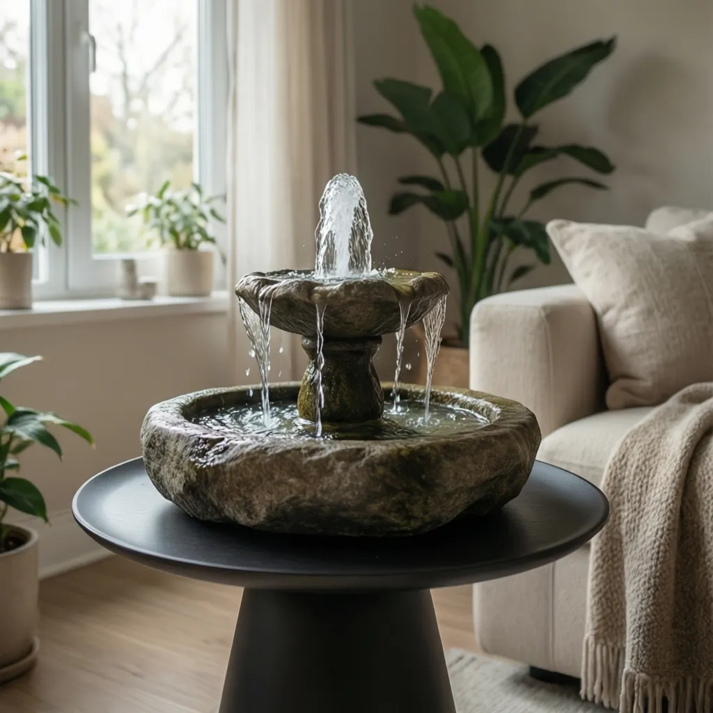 Pequeña fuente de agua decorativa sobre una mesa auxiliar en salón