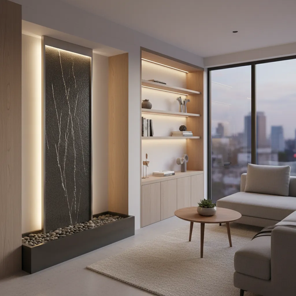 Fuente vertical decorativa en apartamento pequeño