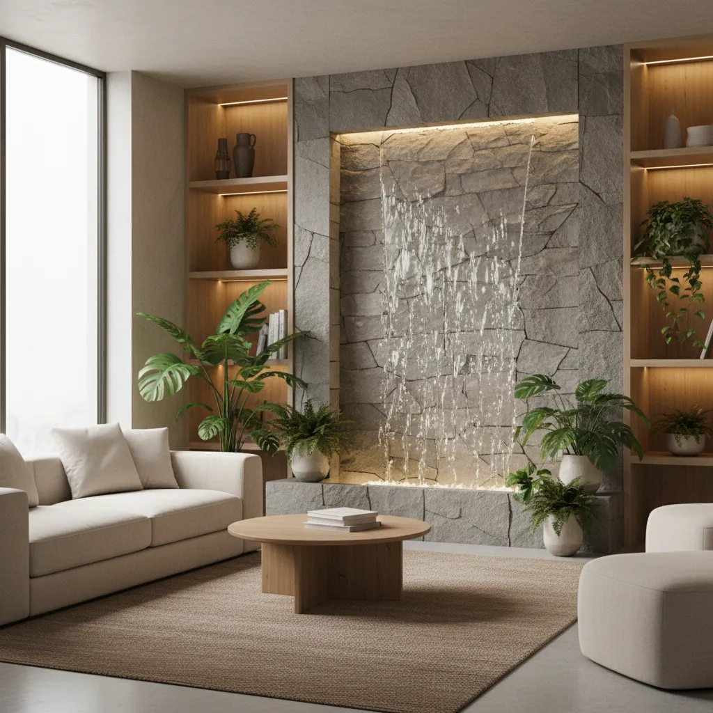 Fuente vertical de agua decorativa colocada en un salón moderno junto a plantas