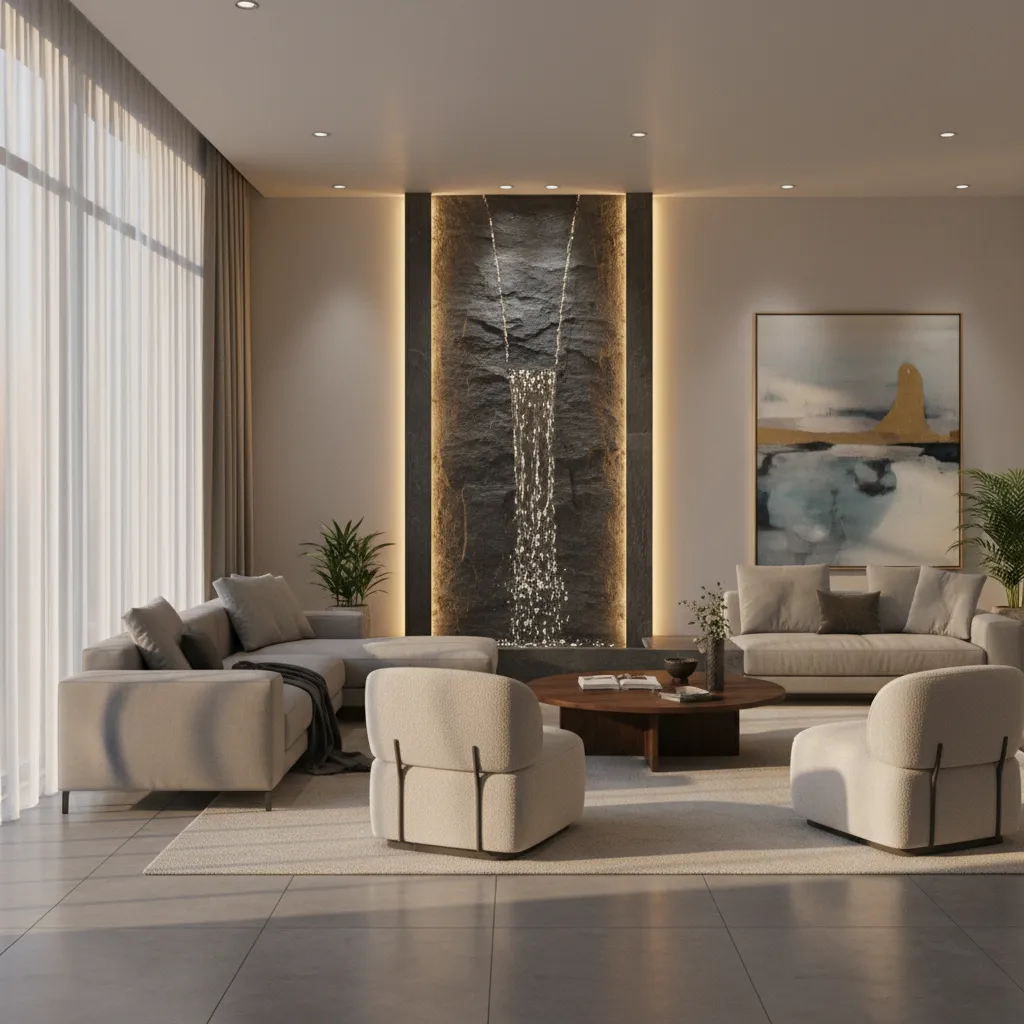 Modern living room with grey sofas, white chairs, wooden table, and large stone water feature